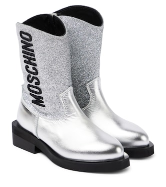 Logo glitter leather cowboy boots | Moschino Kids