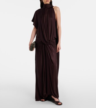 Scarf-detail draped satin top in burgundy - Dries Van Noten