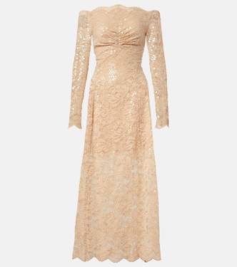 Sequined off-shoulder lace maxi dress | Rabanne
