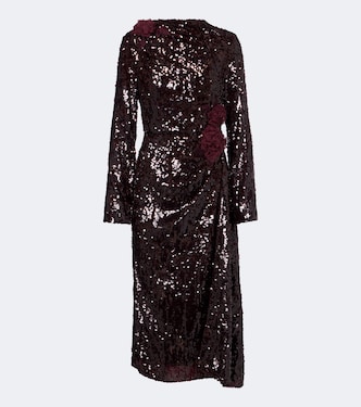 Floral-appliqué gathered sequined midi dress | Erdem
