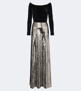 Sequined velvet-paneled off-shoulder gown | Monique Lhuillier