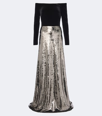 Sequined velvet-paneled off-shoulder gown | Monique Lhuillier