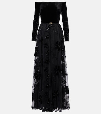 Robe longue brodée en tulle et velours | Elie Saab