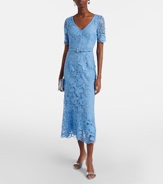 monique lhuillier blue lace dress Ocean Lace Long Sleeve Dress 6 / Ocean