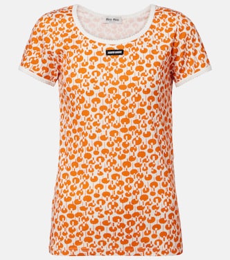 Lace-trimmed printed cotton T-shirt | Miu Miu