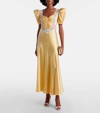 rodarte silk satin and cotton blend lace maxi dress Lace-trimmed ruched silk satin maxi dress in yellow - Rodarte