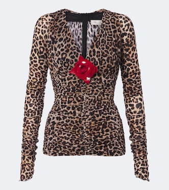 Floral-appliqué leopard-print jersey top | Blumarine