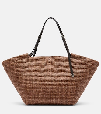 Large leather-trimmed raffia-effect tote bag | Brunello Cucinelli