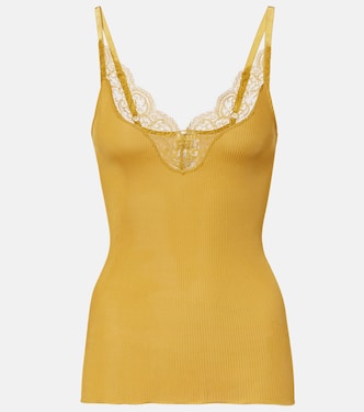 Lace-trimmed ribbed-knit silk tank top | Saint Laurent