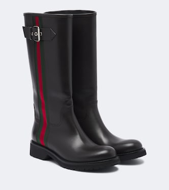 Web Stripe leather biker boots | Gucci