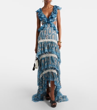 etro lace dress Asymmetric ruffled tiered lace-trimmed paisley-print silk-chiffon maxi dress - blue