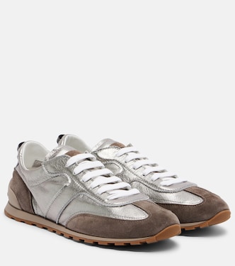 Monili suede-trimmed metallic leather sneakers | Brunello Cucinelli