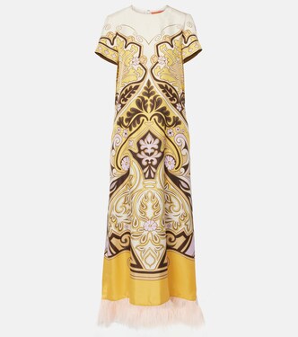 Printed feather-trimmed silk maxi dress | La DoubleJ