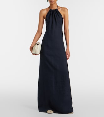 nili lotan linen dress Lelia open-back linen-voile halterneck maxi dress - midnight blue