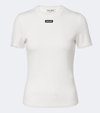 T-Shirt aus Pointelle-Strick mit Spitze | Miu Miu