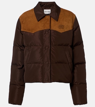 Suede-trimmed pongé down jacket | Miu Miu