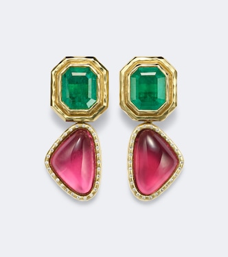Ohrringe Double Orbit aus 18kt Gelbgold mit Diamanten, Smaragden und Rubelliten | Octavia Elizabeth