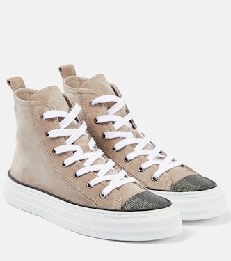 Monili-embellished high-top suede sneakers | Brunello Cucinelli
