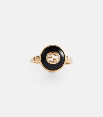 Interlocking G 18kt gold ring with onyx and white diamonds  | Gucci