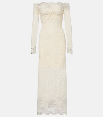Bridal embellished off-shoulder lace midi dress | Rabanne
