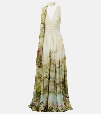 Scarf-detail printed georgette gown | Elie Saab