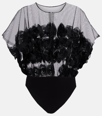 花卉贴花半透视连体紧身衣 | Norma Kamali