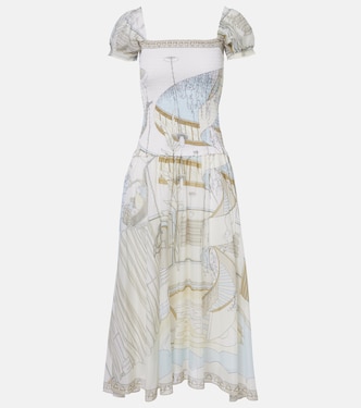 Printed shirred silk and cotton midi dress | Tory Burch