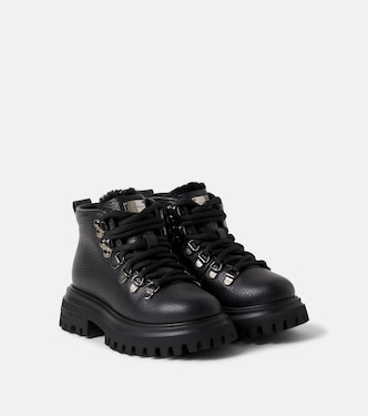 Shearling-trimmed leather lace-up boots | Dolce&Gabbana Kids