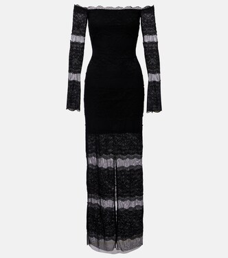Off-shoulder lace tulle maxi dress | Blumarine