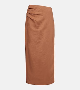 Asymmetric ruched linen midi skirt | SIR