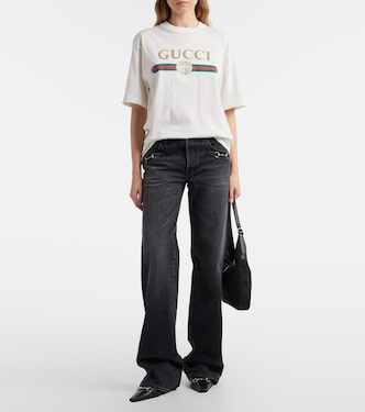 Logo cotton jersey and silk T-shirt in white - Gucci | Mytheresa