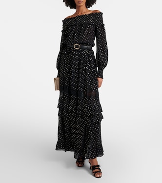 Lace-trimmed polka-dot chiffon maxi skirt in black - Self Portrait |  Mytheresa