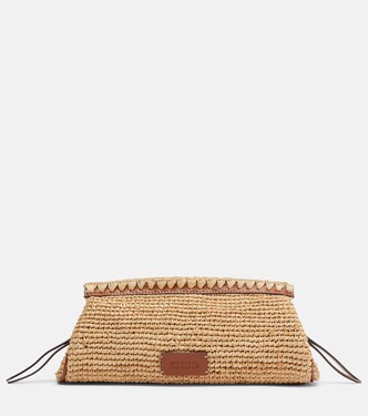 Maude leather-trimmed raffia clutch | Staud