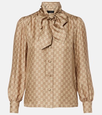 GG tie-neck printed silk twill blouse | Gucci