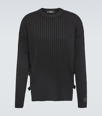Leather-trimmed knit wool sweater | Versace