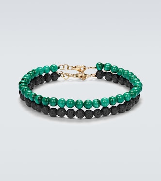 Set of 2 14kt gold beaded bracelets with malachite and lava rock | Mateo
