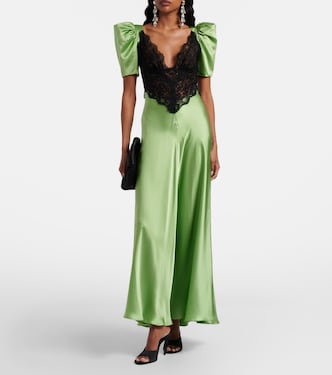 rodarte puff sleeve silk & lace dress Lace-trimmed silk cocktail dress in green - Rodarte