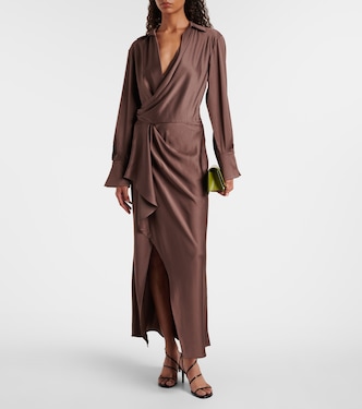 brown satin wrap dress Copper gold long silk wrap dress