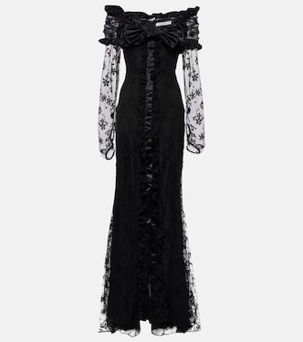 Bow-detail ruffled off-shoulder lace gown | Alessandra Rich