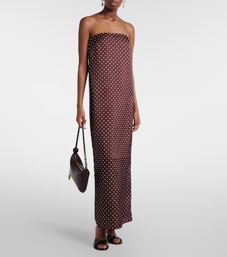 brown satin polka dot dress Zapakasa Women Dark Brown Satin Polka Dots Dress Short A-Line Ruched  Strapless Party Dress main image 0