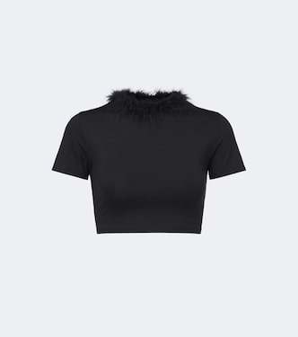 Feather-trimmed jersey crop top | Gucci