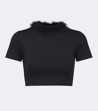 Feather-trimmed jersey crop top | Gucci