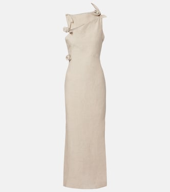 Floral-appliqué asymmetric linen maxi dress | Coperni