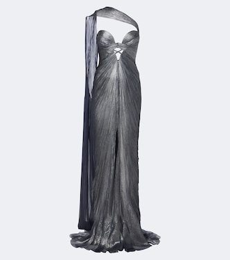 Morgan scarf-detail pleated silk bustier gown | Maria Lucia Hohan