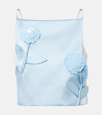 Floral-appliqué sequined cropped satin top | Self-Portrait