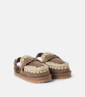 Embroidered shearling-lined suede slippers | Mou Kids