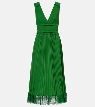 Lace-trimmed plissé chiffon midi dress | Self-Portrait