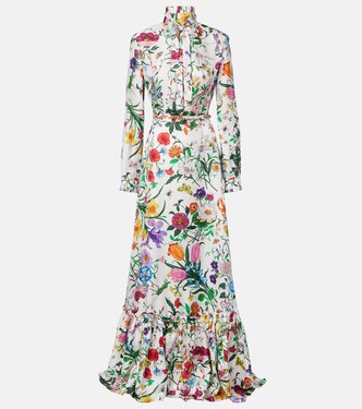 Floral belted silk twill gown | Gucci