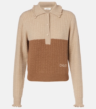 Cable-knit ruffled wool and cashmere polo sweater | Chloé