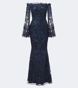 Sequined off-shoulder lace bustier gown | Elie Saab